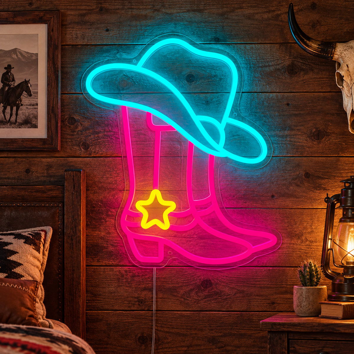 Star Spur Cowboy Boots Hat Vintage LED Neon Sign Wall Neon Signs - Main Product Image