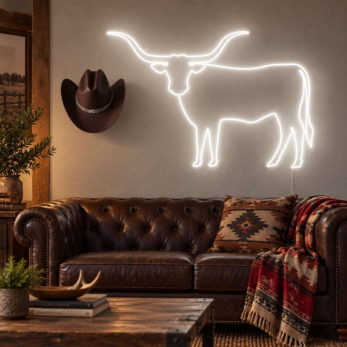 Longhorn Cattle Couch Cowboy Hat LED Neon Sign Wall Neon Signs - Main Product Image