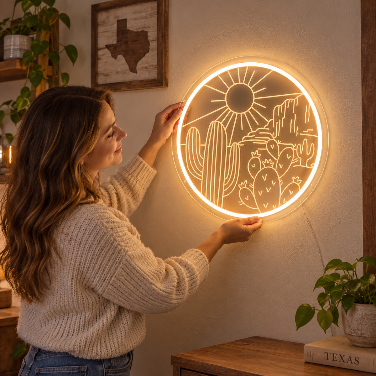 Round Cactus Sun Desert Vintage LED Neon Sign Wall Neon Signs - Human Interaction