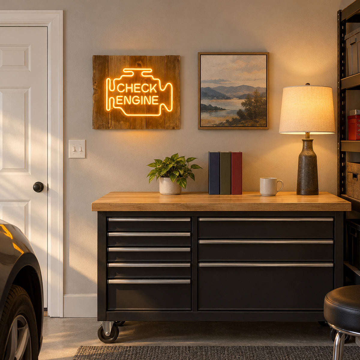 Check Engine LED Neon Sign for Man Cave Dimmable Wall Decor - Installation Scene