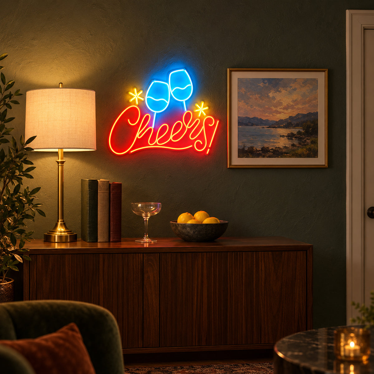 Cheers Champagne LED Neon Sign for Bar Light Up Business Decor - Installation Scene
