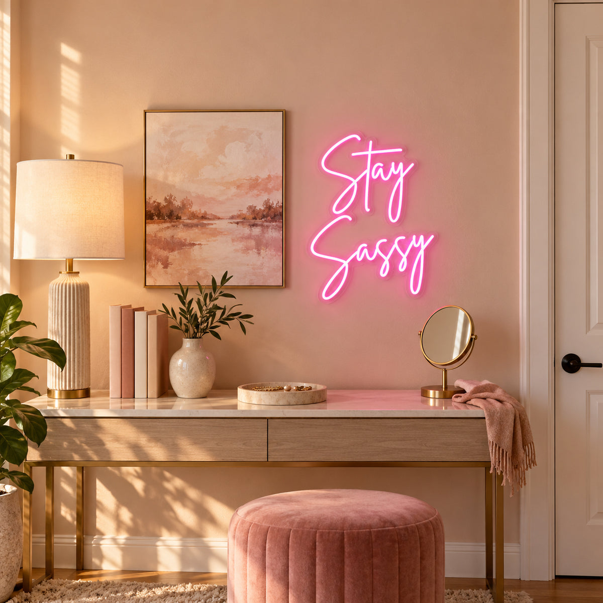 Stay Sassy LED Neon Sign Pink Era Glow Script - Installation Scene