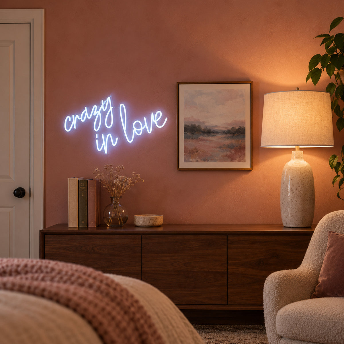 Crazy in Love LED Neon Sign Lowercase Flow Script - Installation Scene