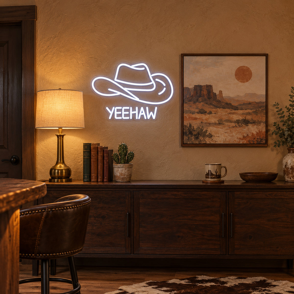 Cowboy Hat Yeehaw LED Neon Sign for Man Cave Dimmable Wall Decor - Installation Scene
