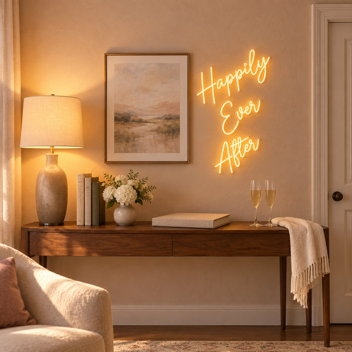 Happily Ever After LED Neon Sign Two Line Cursive - Installation Scene