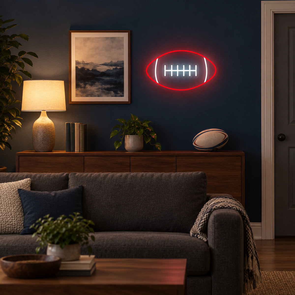 Rugby Ball LED Neon Sign for Man Cave Dimmable Wall Decor - Installation Scene