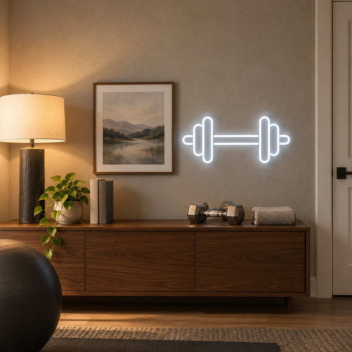 Gym Weight LED Neon Sign for Storefront Light Up Business Decor - Installation Scene