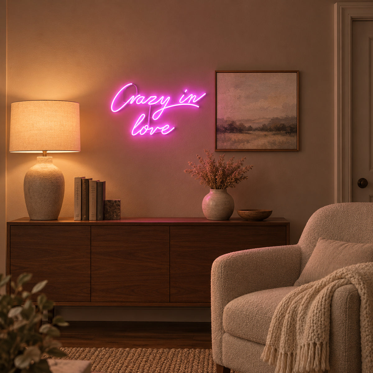 Crazy in Love LED Neon Sign Minimal Glow Script - Installation Scene