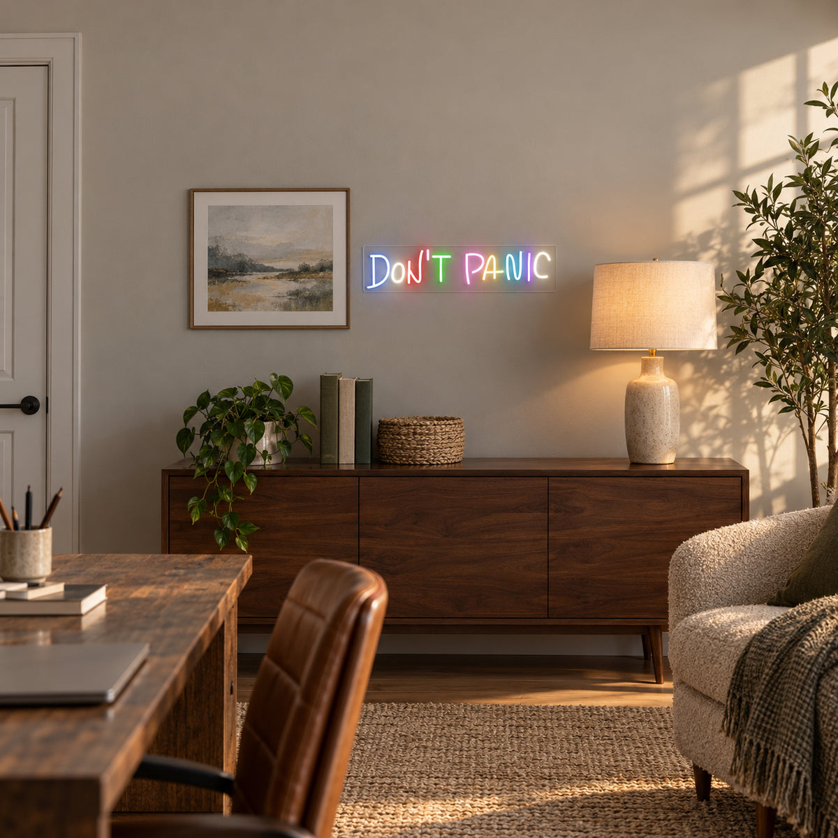 Don’t Panic Neon Sign - Installation Scene
