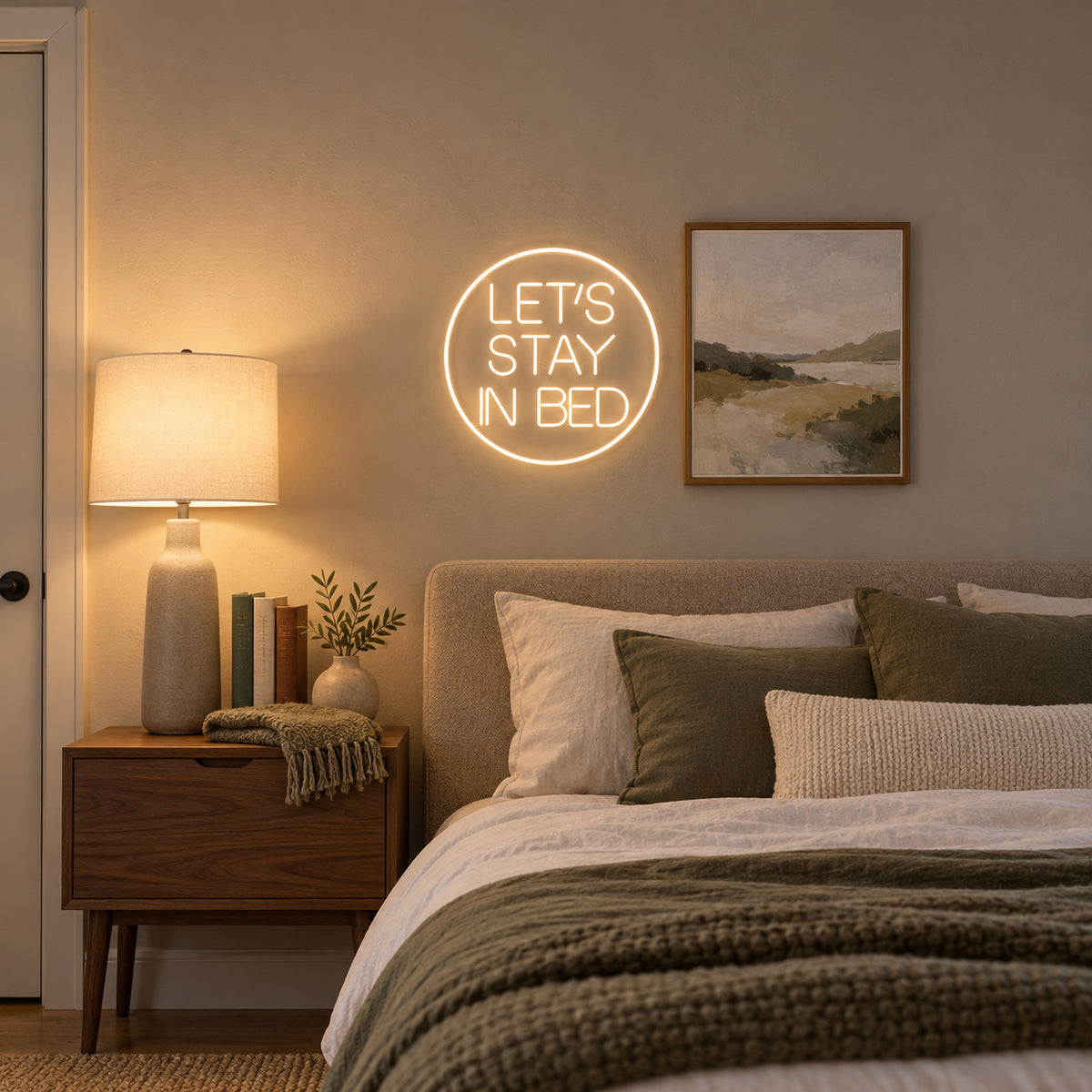 Let's Stay in Bed LED Neon Sign Circle Badge Design - Installation Scene