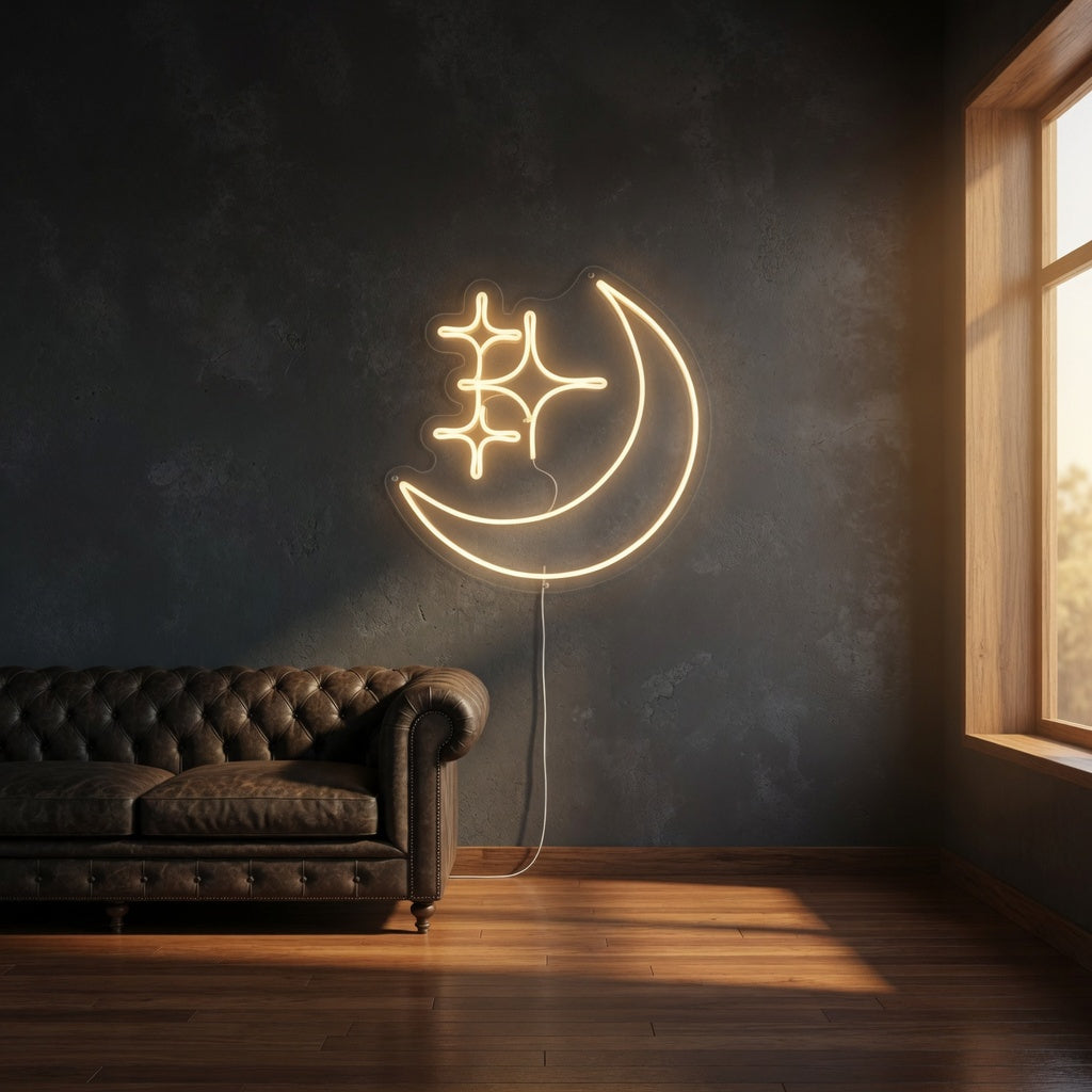 Stars and Moon LED Neon Sign for Man Cave Dimmable Wall Decor - Installation Scene