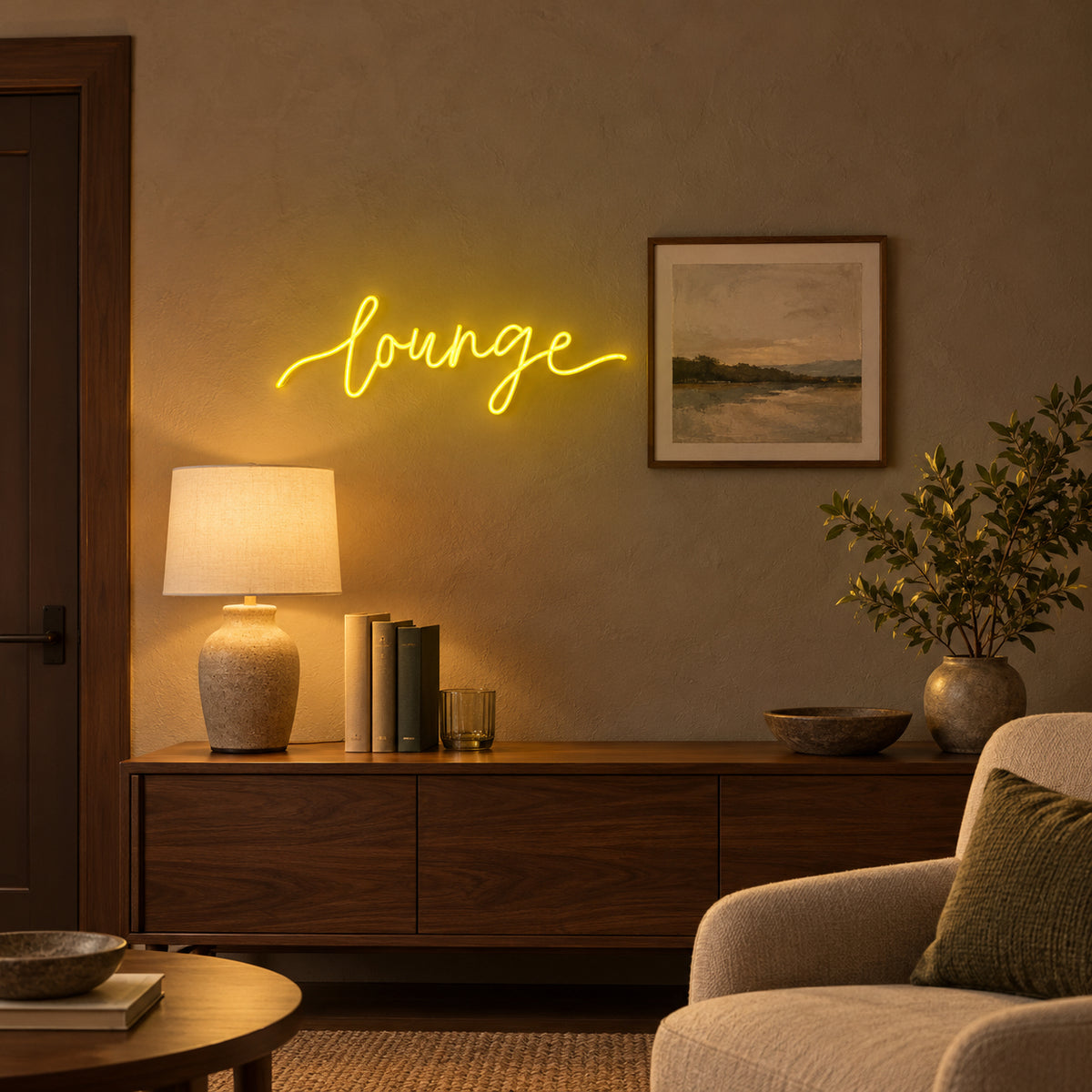 Lounge LED Neon Sign for Business Light Up Wall Decor - Installation Scene
