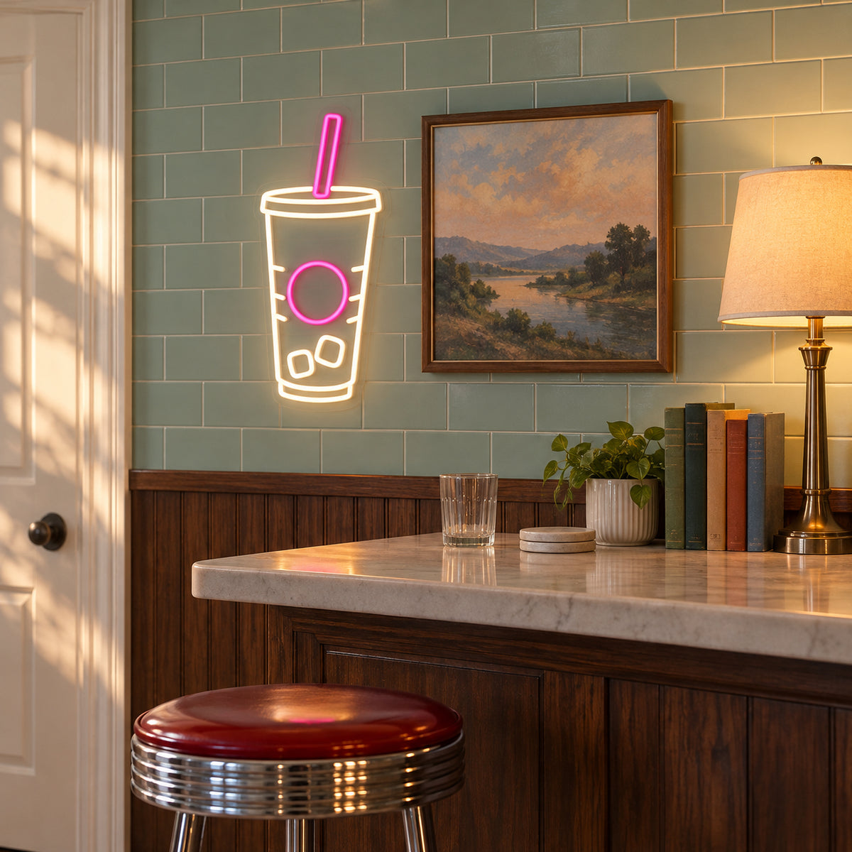 Fountain Drink Soda Cup and Straw LED Neon Sign Dimmable Wall Light - Installation Scene