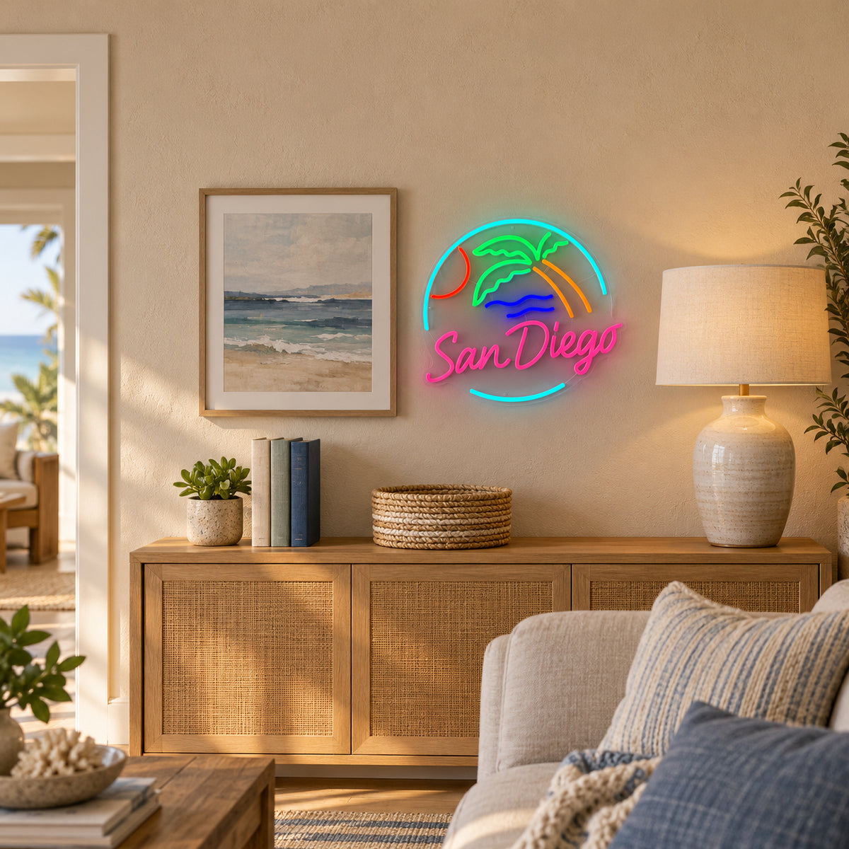 San Diego Palm Tree Sunset Neon Sign - Installation Scene