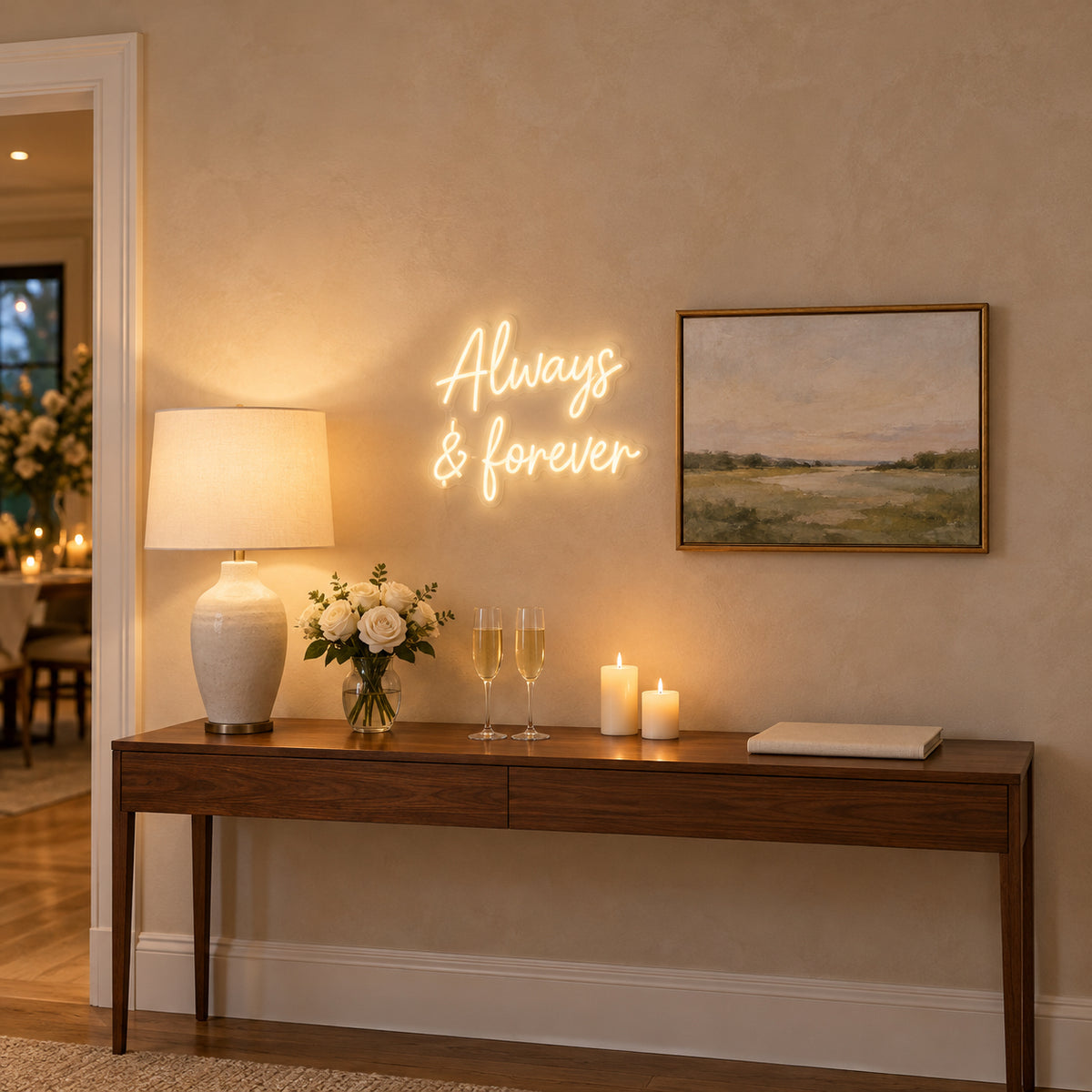 Always and Forever Wedding LED Neon Sign Floral Hoop Backdrop - Installation Scene