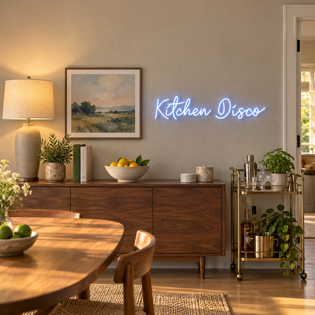 Kitchen Disco LED Neon Sign Greenery Wall Script - Installation Scene