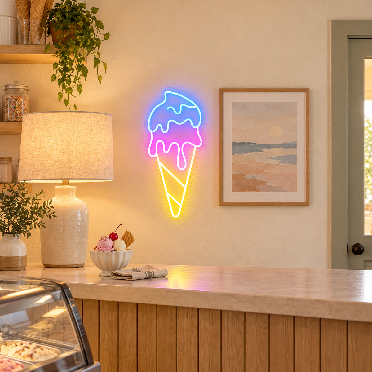 Ice Cream LED Neon Sign Vertical Cone Design - Installation Scene