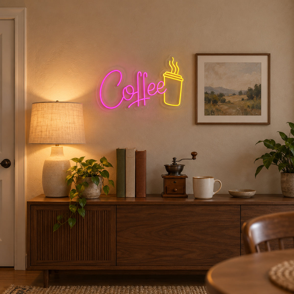 Coffee Cup LED Neon Sign Script with Tall Cup - Installation Scene