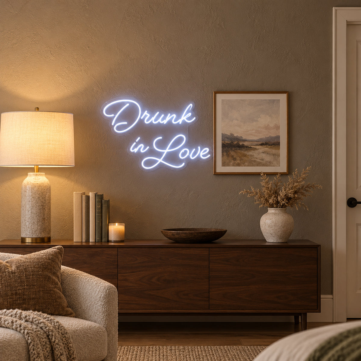 Drunk in Love LED Neon Sign Three Line Cursive - Installation Scene