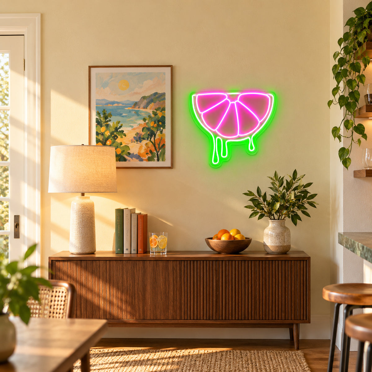 Orange Slice LED Neon Sign for Bar Light Up Business Decor - Installation Scene