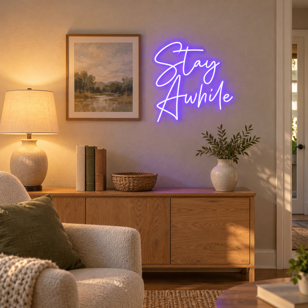 Stay Awhile LED Neon Sign Cool Purple Era Script - Installation Scene