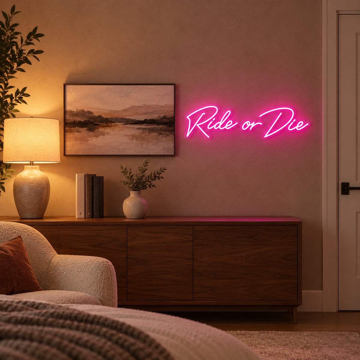 Ride Or Die LED Neon Sign Bold Pink Era Script - Installation Scene