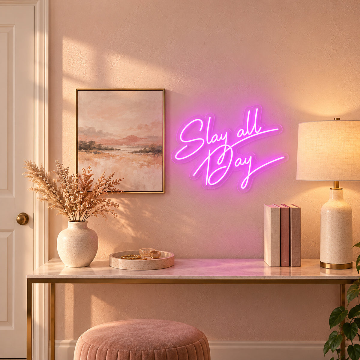 Slay All Day LED Neon Sign for Storefront Light Up Business Decor - Installation Scene