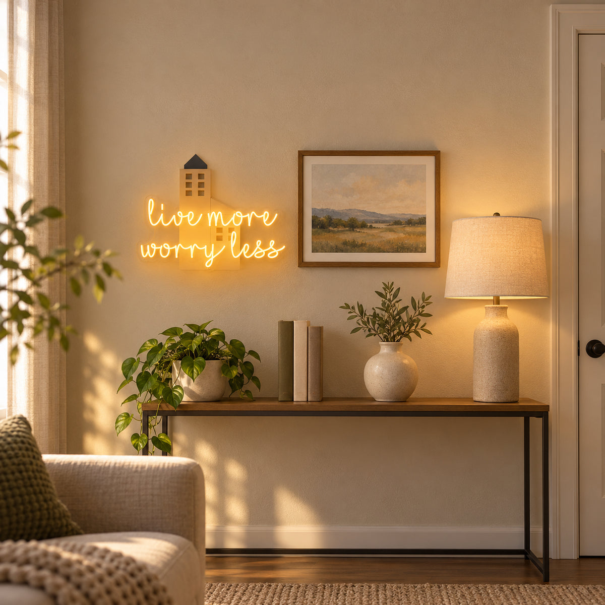 Live More Worry Less LED Neon Sign with House Icon - Installation Scene