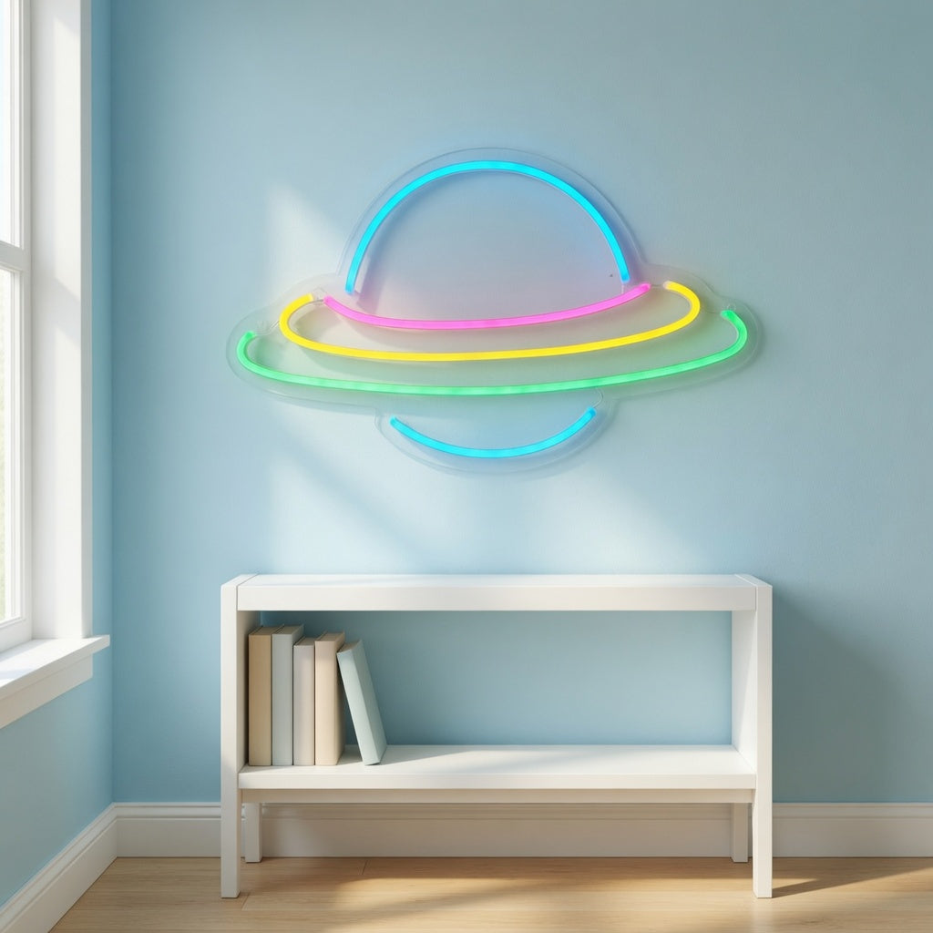 Planet Saturn LED Neon Sign Ringed Planet Two Tone - Installation Scene