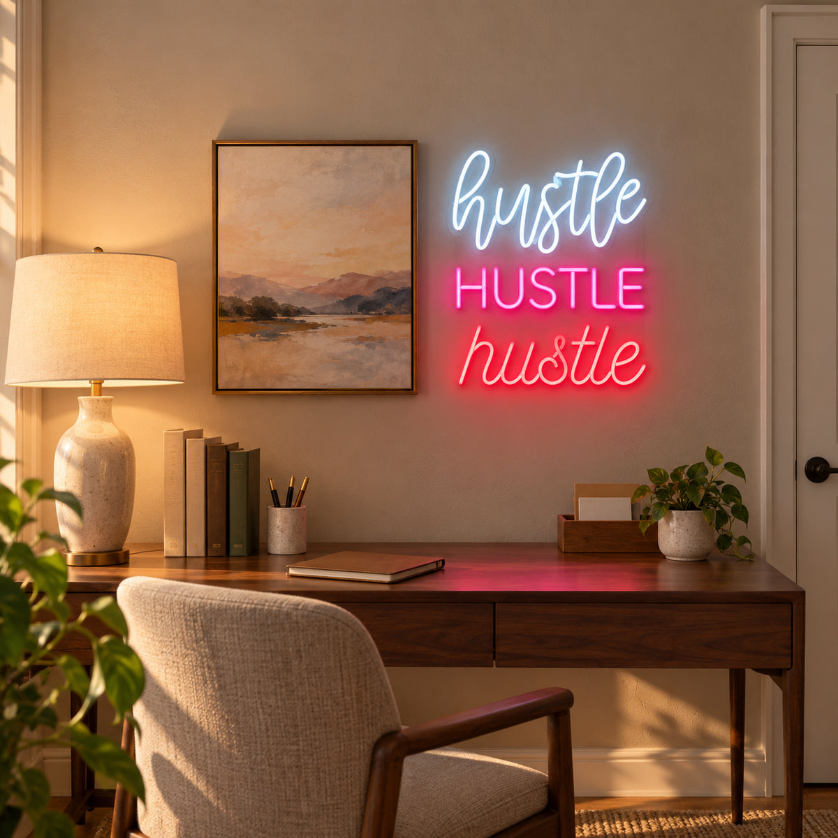 Hustle LED Neon Sign Triple Word Stack - Installation Scene