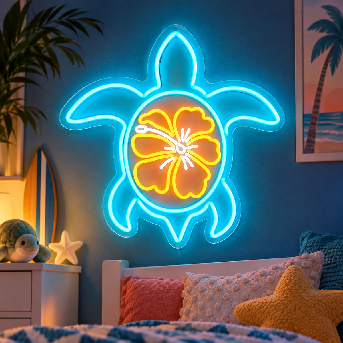 Sea Turtle with Hibiscus LED Neon Sign Wall Neon Signs - Shineneon