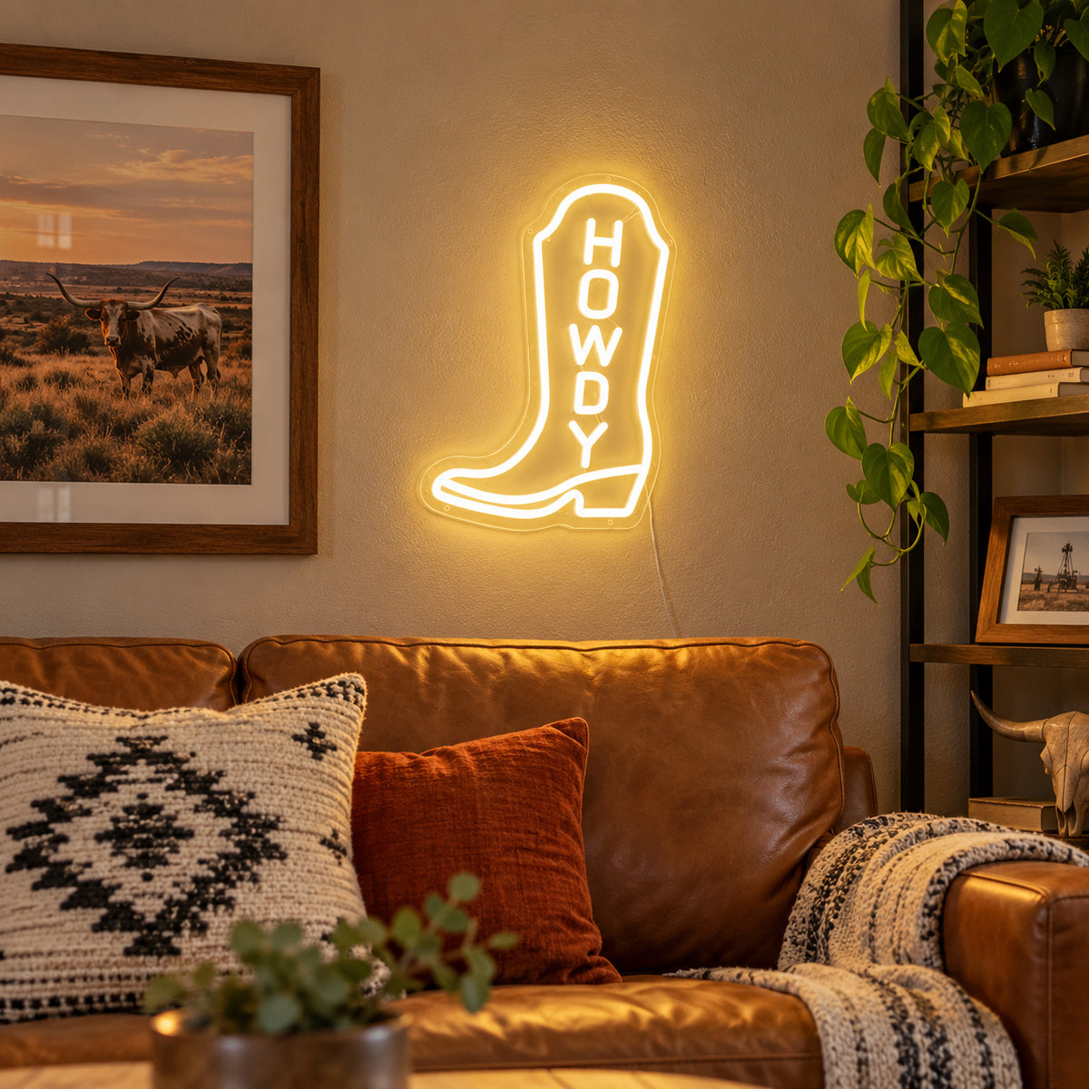 Howdy Cowboy Boot LED Neon Sign Wall Neon Signs - Texas Home Scene