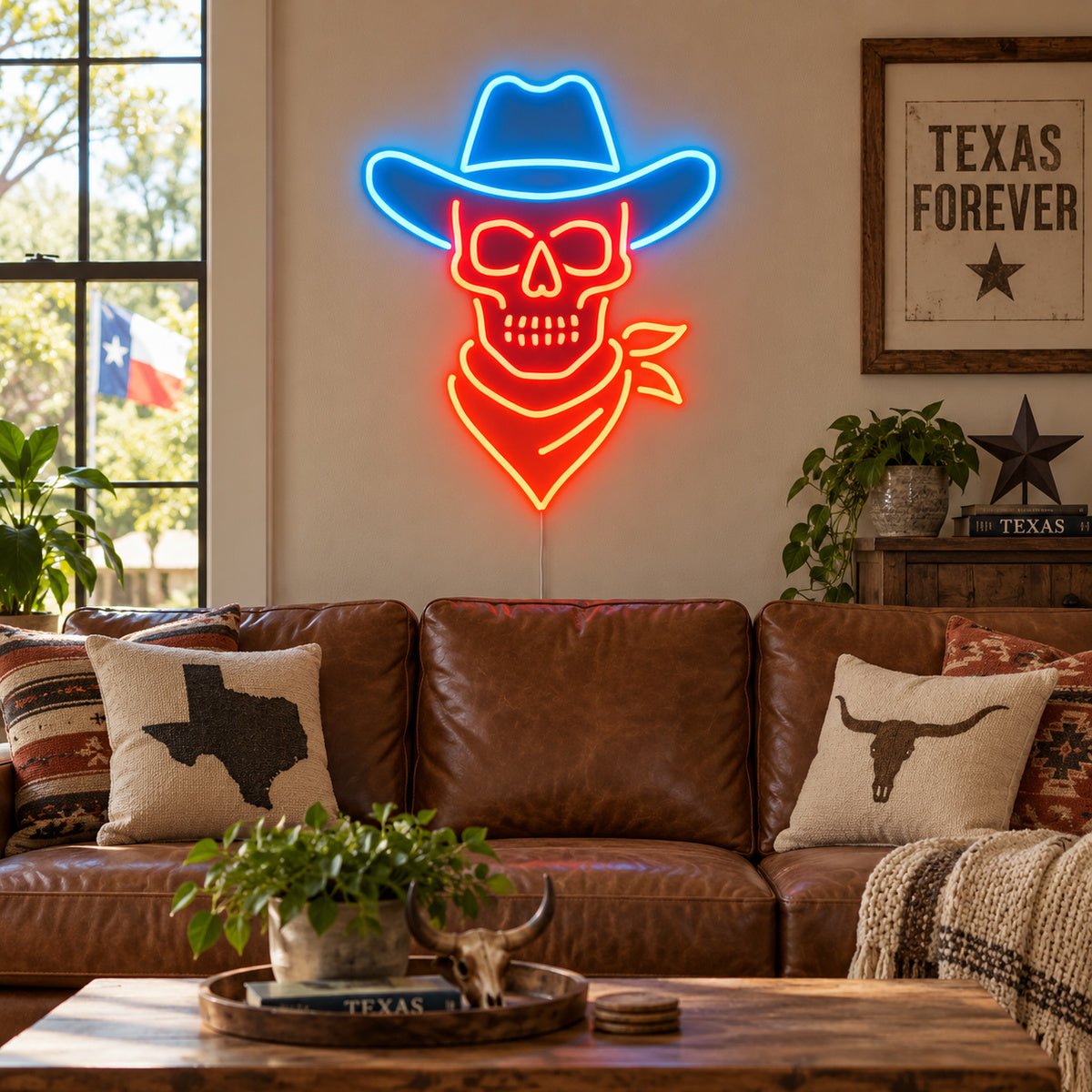 Skeleton Cowboy Hat Scarf Vintage LED Neon Sign Wall Neon Signs - Texas Home Scene