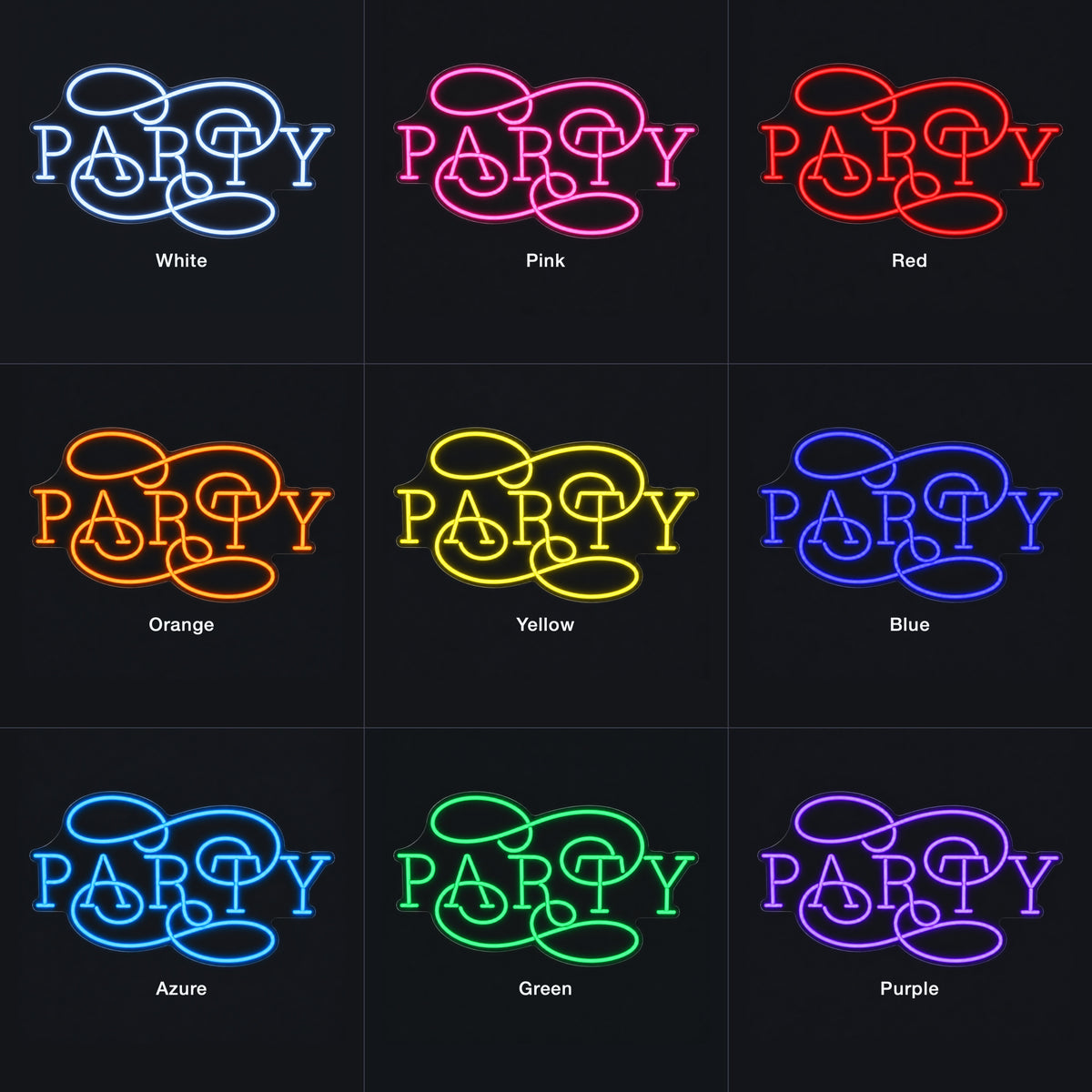 Party LED Neon Sign Caps with Script Overlay - Color Grid