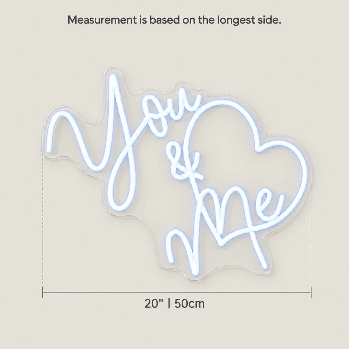 You Me Heart LED Neon Sign Dimmable Wall Light - Size Guide