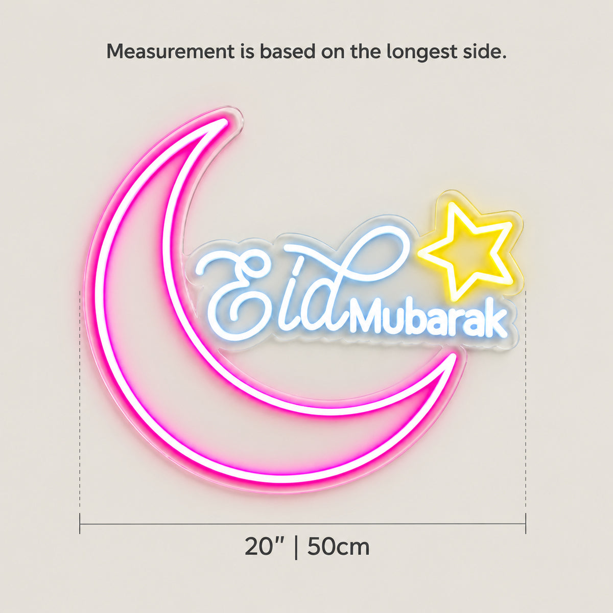 Eid Mubarak LED Neon Sign Crescent Moon and Star Design - Size Guide