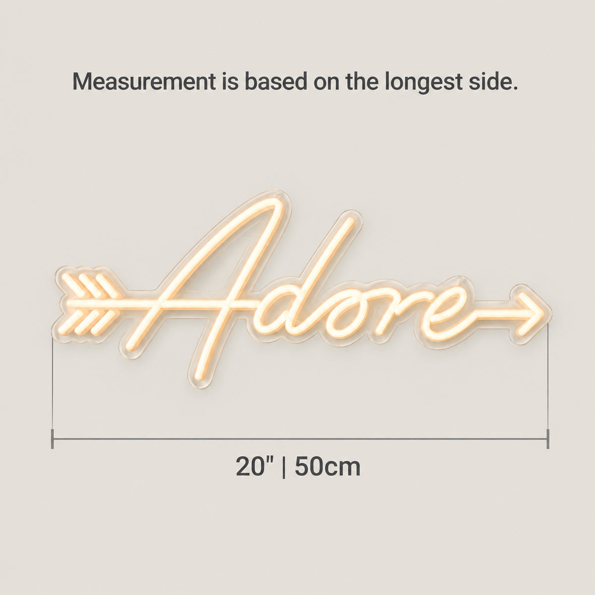 Adore LED Neon Sign Sparkling Cursive Style - Size Guide