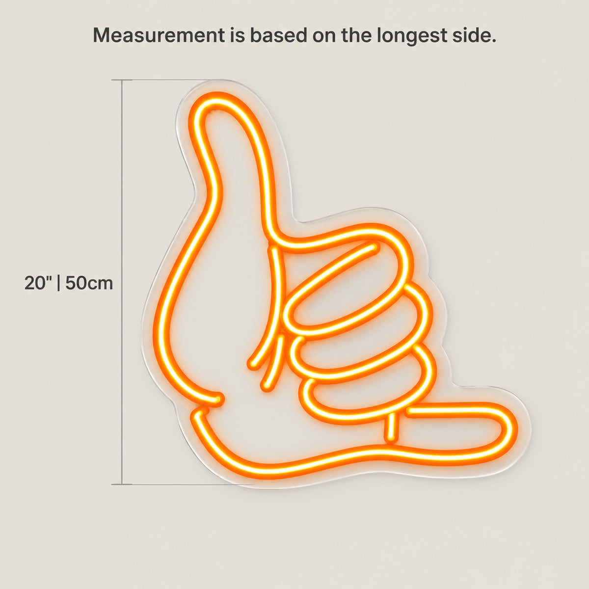 Hang Loose Hand Gesture LED Neon Sign Shaka Hand Outline - Size Guide