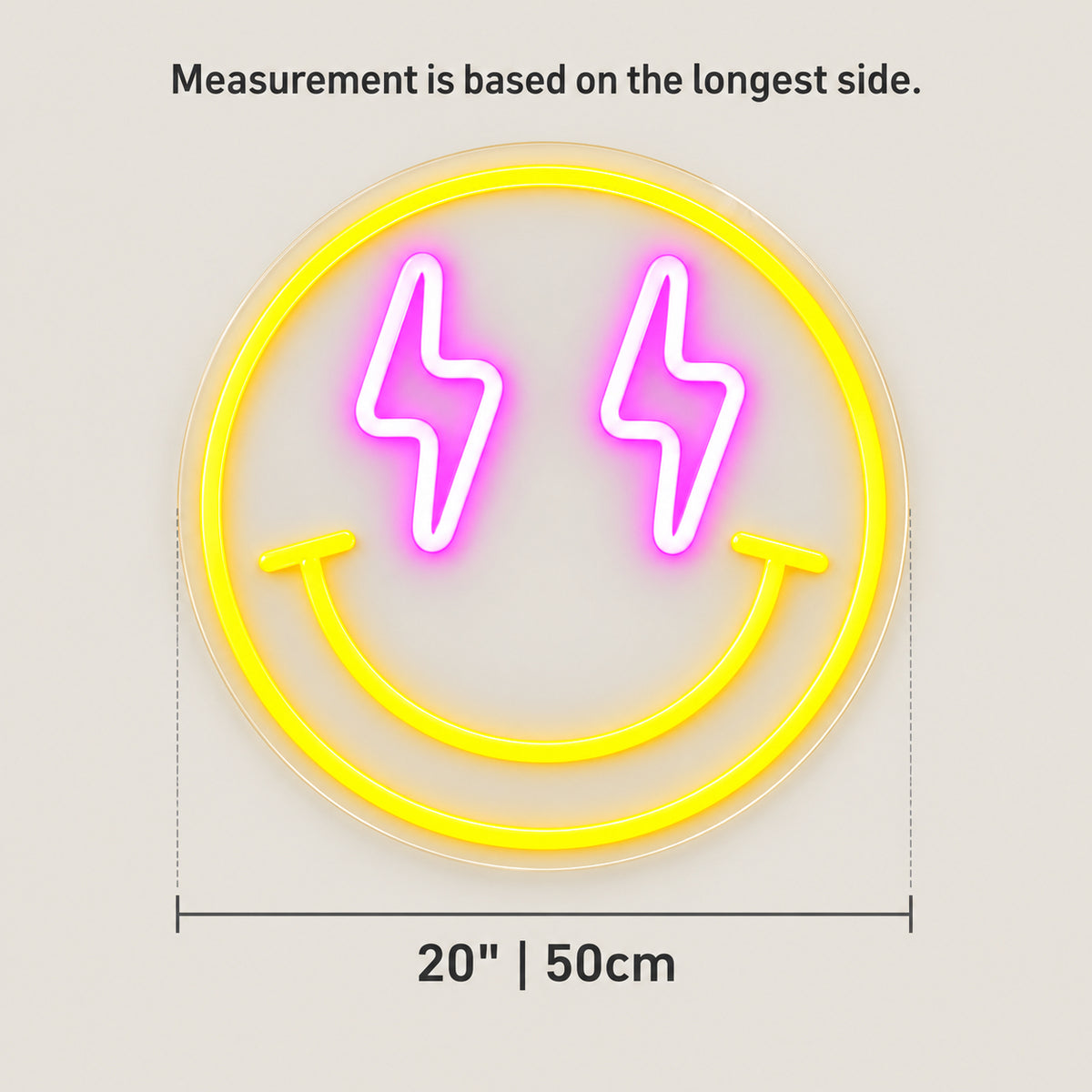 Smiley Face Lighting Bolt LED Neon Sign for Man Cave - Size Guide