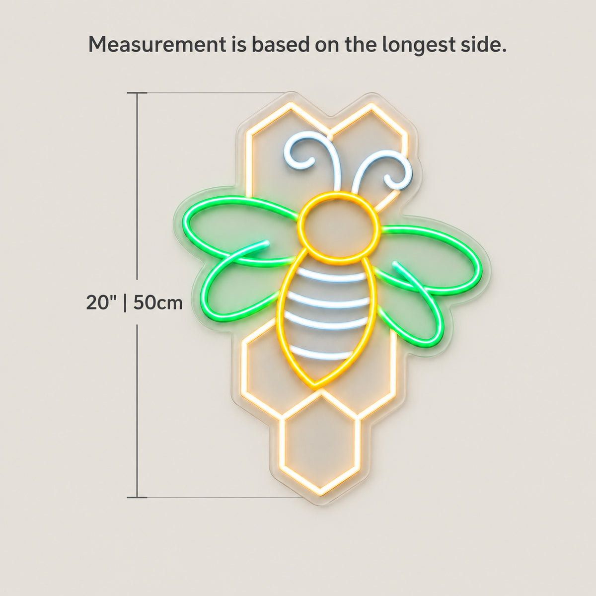Bee and Honeycomb Neon Sign - Size Guide