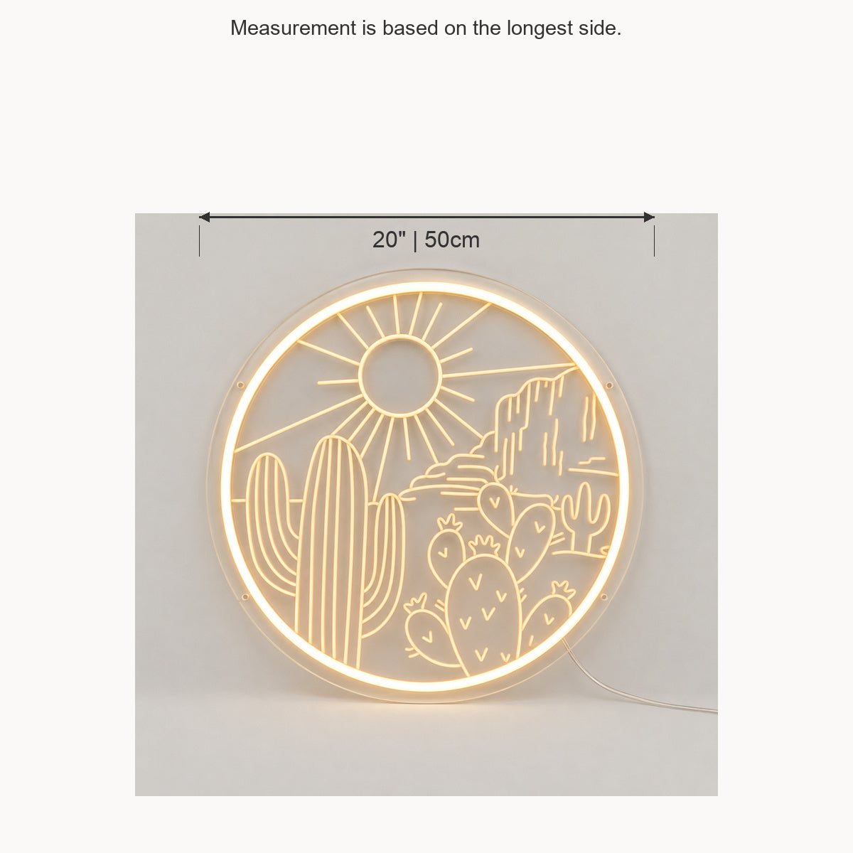 Round Cactus Sun Desert Vintage LED Neon Sign Wall Neon Signs - Size Guide