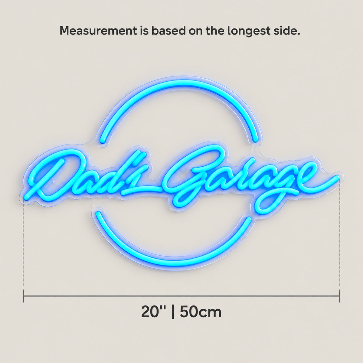Dad's Garage LED Neon Sign Script and Caps Mix - Size Guide