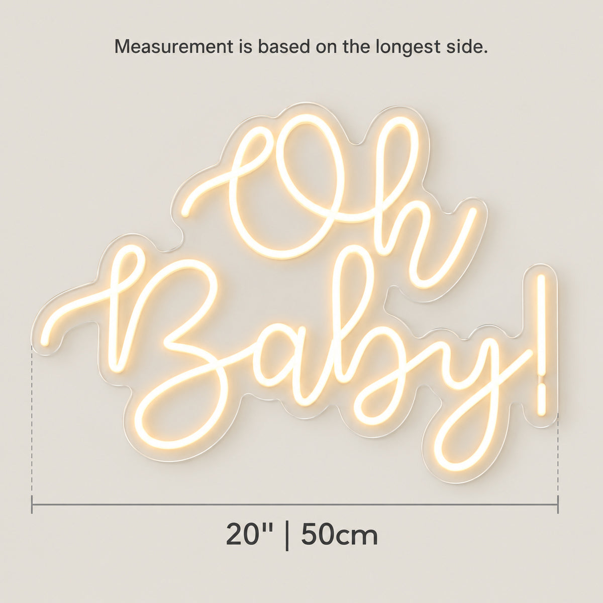 Oh Baby LED Neon Sign Statement Script Design - Size Guide