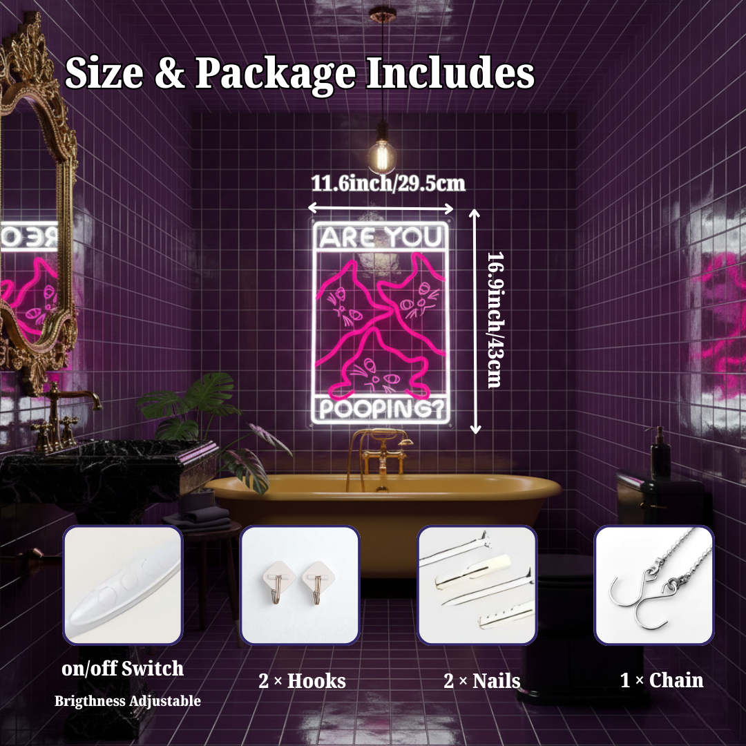 Funny Curious Kitty Cats “Are You Pooping?” LED Neon Sign for bathroom and Gift Wall Decor