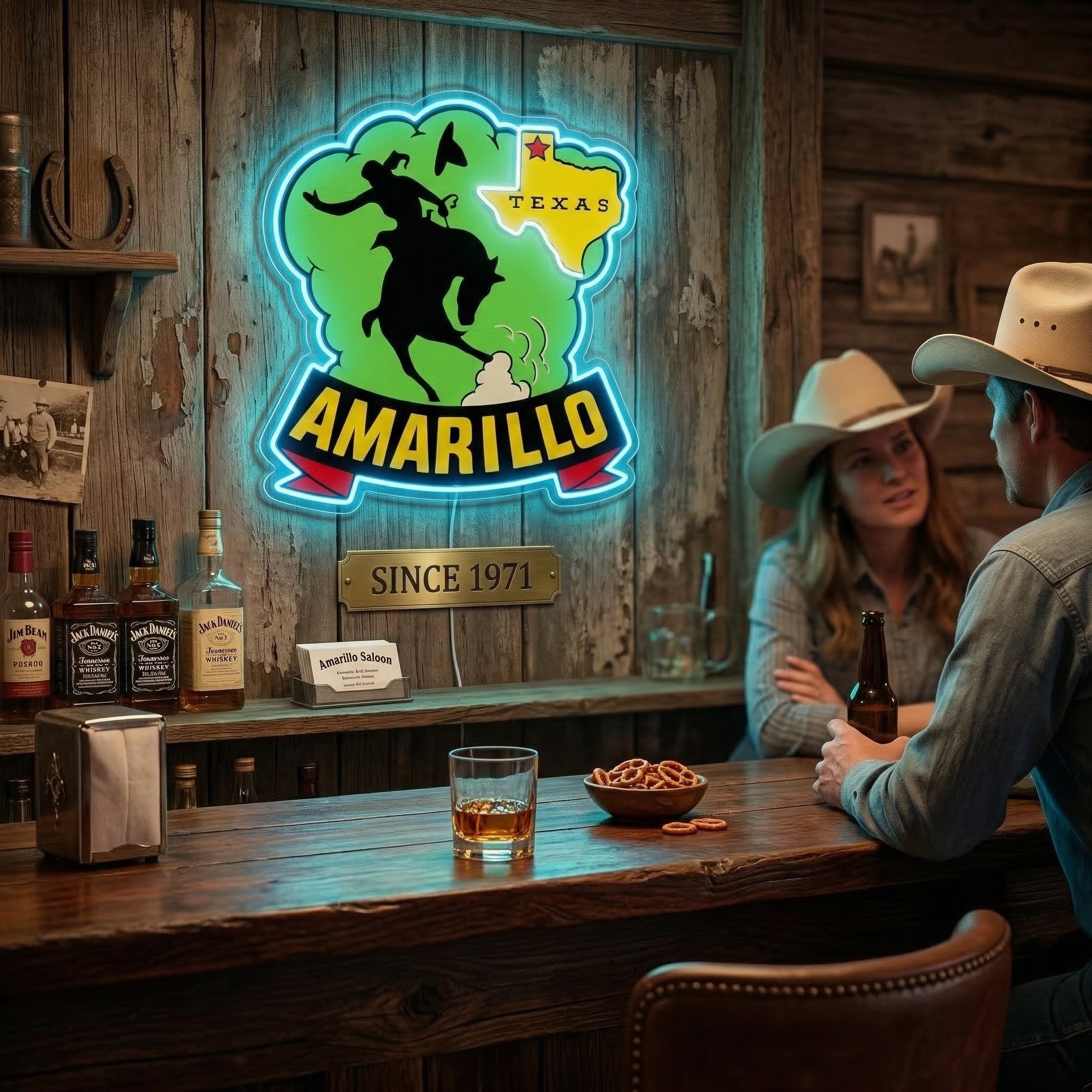 ShineNeon™ Amarillo Texas Bronco Rider LED Neon Sign Western Cowboy Man Cave Decor USB Power