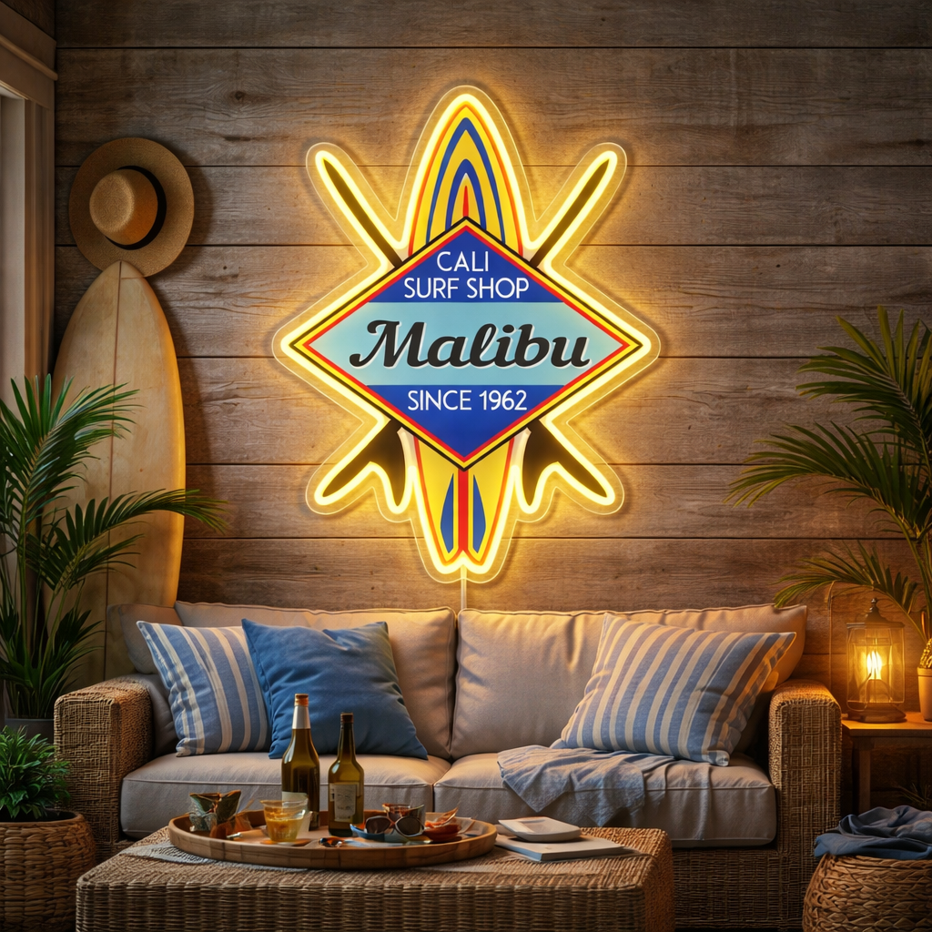 ShineNeon™ Malibu Cali Surf Shop LED Neon Sign - Retro Beach Vibe Wall Decor (USB Powered)