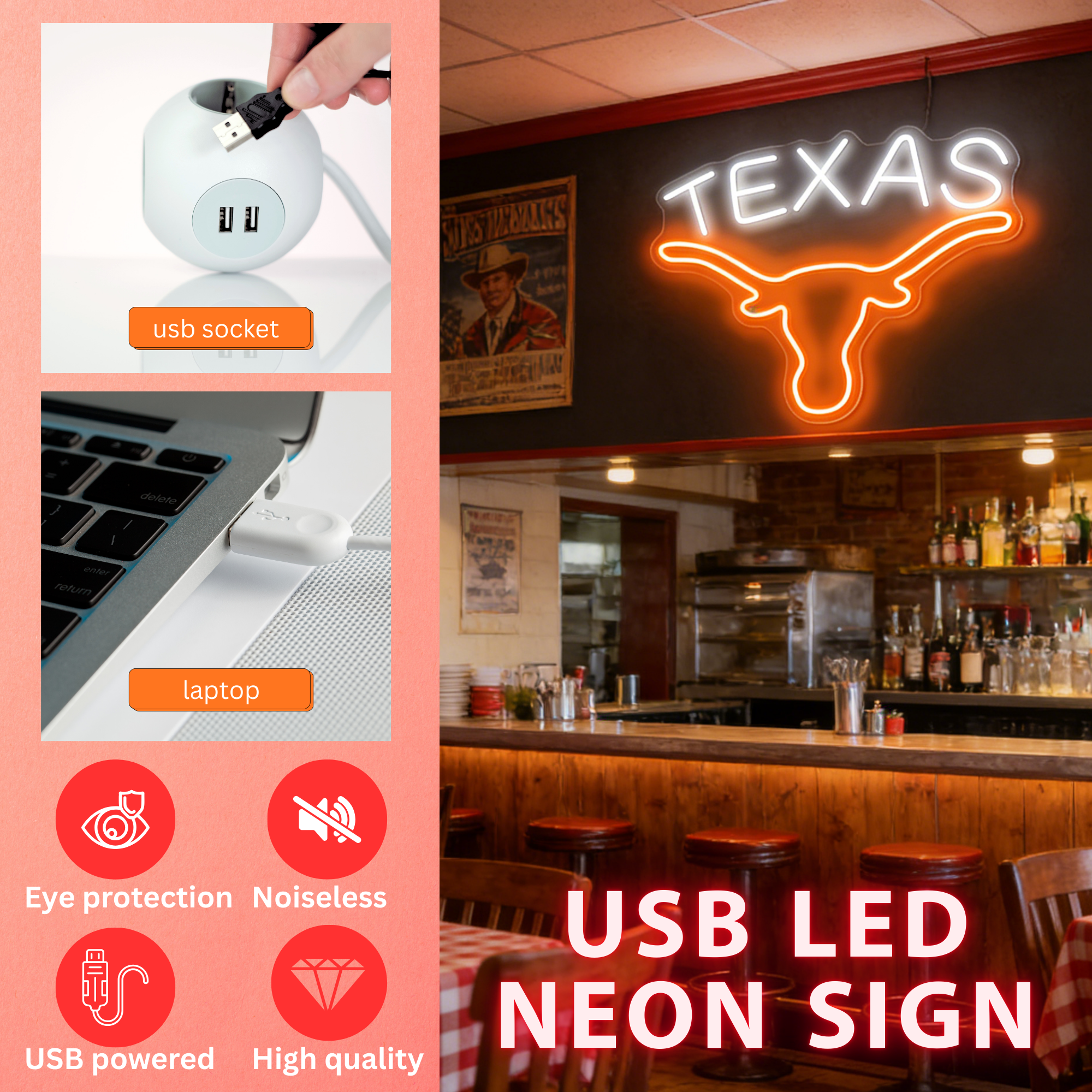 Texas Longhorn USB LED Neon Sign for Bar Game Room & Man Cave Wall Decor