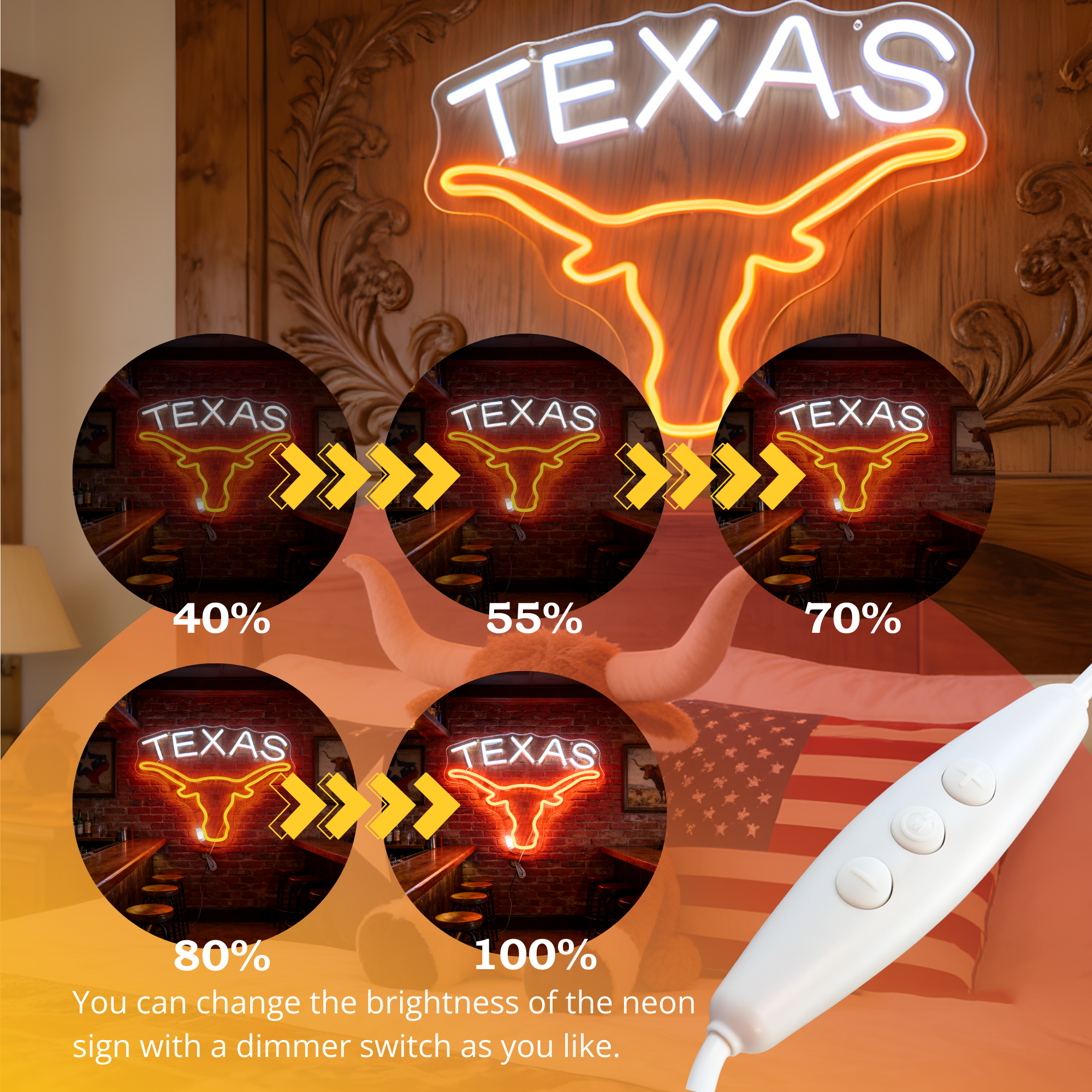Texas Longhorn USB LED Neon Sign for Bar Game Room & Man Cave Wall Decor