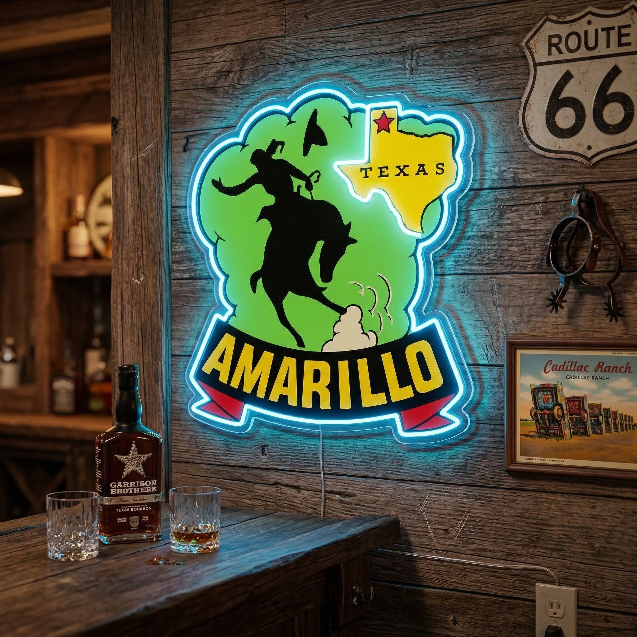 ShineNeon™ Amarillo Texas Bronco Rider LED Neon Sign Western Cowboy Man Cave Decor USB Power