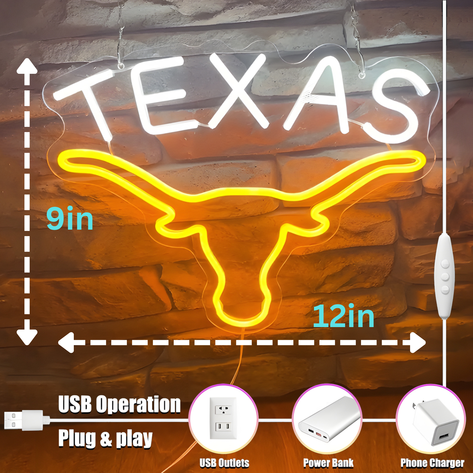 Texas Longhorn USB LED Neon Sign for Bar Game Room & Man Cave Wall Decor